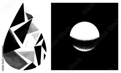 Black and white halftone vector art featuring a fragmented teardrop and sphere, minimalist graphic design, modern geometric shapes, dotted shading technique.