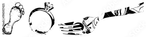 Black and white vector illustrations of a human footprint, diamond engagement ring, and decorative fork with tribal. Graphic design elements for branding or use.