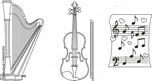 Detailed outline illustrations of a classical harp and violin with a bow accompanied by a music sheet adorned with notes and hearts ideal for musical concepts