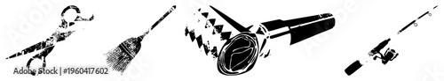 Scissors, broom, cannon, fishing rod distressed black vector, grunge texture,, cleaning and fishing equipment.