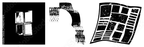 Distressed window pane, stone bridge, and wrinkled newspaper, all rendered in gritty halftone texture, ideal for urban or vintage graphic projects.