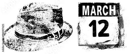 Classic fedora hat with textured band, grungy halftone print, calendar date stamp, retro typography, vintage graphic design, vector illustration.