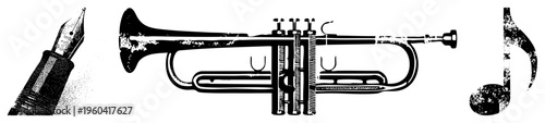Classic fountain pen nib, brass trumpet with valves, musical note symbol, grunge texture vector, artistic ink drawing, retro music and writing tools.
