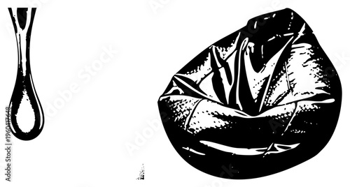 Black and white vector art of a ink drop and crumpled paper texture, graphic design element, artistic illustration, isolated foreground.