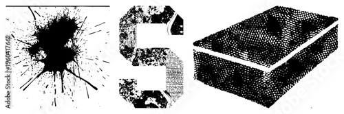 Vector graphic trio ink blot explosion, distressed letter S, halftone rendered cube. Artistic graphic elements for design projects.