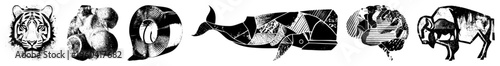 Stylized tiger, heart, letter D, whale, brain, bison rendered in abstract geometric shapes, black and white vector design, modern graphic art.