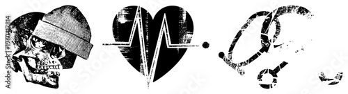 Gothic skull wearing beanie, heartbeat ECG inside heart, stethoscope with distressed texture medical, punk, or alternative health symbol set.