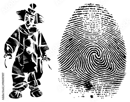 Classic circus clown with exaggerated features, paired with spiral fingerprint design, halftone vector art, isolated graphic elements.
