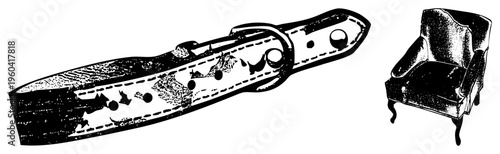 Black and white halftone illustration of knife sheath with mountain scenes and vintage armchair, retro graphic design, isolated vector art.