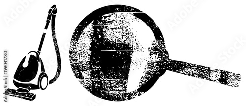 Black and white halftone vector of vacuum cleaner and frying pan, retro kitchen appliances, minimalist graphic design, household cleaning and cooking tools.