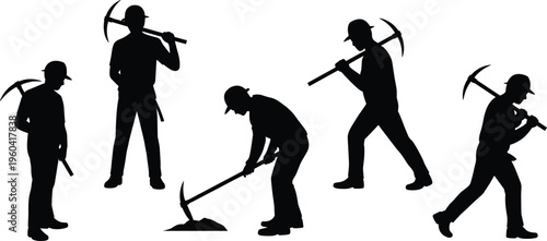Vector silhouettes of construction and mining workers holding pickaxes in different poses, wearing hard hats, representing manual labor industry illustration design