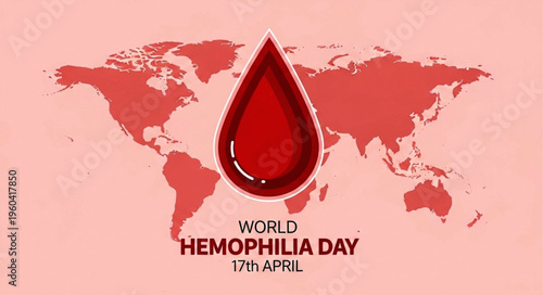 Hemophilia Awareness Poster with Red Drop and World Map Background