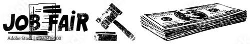 Recruitment event symbol featuring job application, auction hammer, and money stack, career hiring, employment marketplace, hiring event.