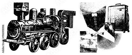 Retro toy engine with wheels and chimney, travel suitcase with wheels, halftone texture, isolated vector graphic, classic journey motif.