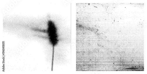 Dot matrix art forming abstract shapes, halftone texture, graphic design element, vector, visual noise, digital art, composition.