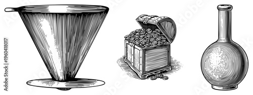 Hand drawn coffee filter dripper, open wooden treasure chest overflowing with coins, elegant glass bottle with concentric circles, classic engraving style.