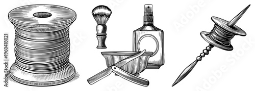 Antique grooming set including straight razor, shaving brush, bowl, and aftershave bottle vintage thread spools with intricate hatching, classic engraving style.