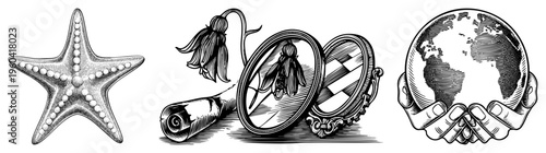 Engraved starfish, wilted bellflower in ornate frame, hands cradling globe vintage, symbolic nature, global unity, decay, marine life, historical style.