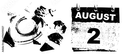 Grunge calendar page showing August 2nd, paired with expressive ink splatters, artistic brushstrokes, and abstract torn shapes in.