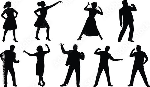 Vector silhouettes of diverse human figures in dynamic poses representing lifestyle, culture, sports, performance, and creative illustration design elements.