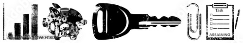 Black and white financial symbols including piggy bank, key, clipboard with task list, and bar graph, representing savings, security, assignment, and analytics.