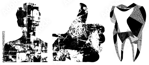 Graphic vector featuring human silhouette, approval gesture, and tooth, rendered with distressed halftone textures and high contrast black and white design.