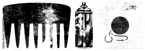 Retro styled comb with halftone texture, spray paint can, yarn ball with trailing thread, vector graphics, artistic stencil style.