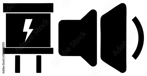 Electrical plug socket with lightning symbol, speaker emitting sound waves, vector graphic for AV equipment, power and sound, digital interface elements.