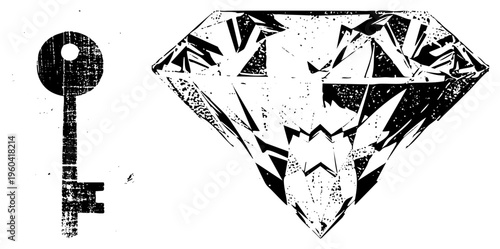 Antique key and diamond illustration, vintage, graphic symbol, vector art, stylized gemstone, classic lock symbol.