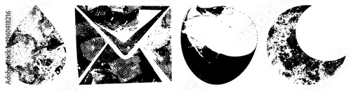 Four halftone vector water droplet, envelope, globe, moon in high contrast black & white. Perfect for graphic or digital design.