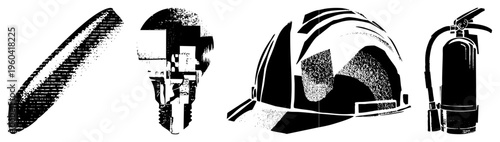 Fire extinguisher, hard hat, wrench, and caliper rendered in bold halftone vector style, safety equipment, industrial tools, technical illustration.