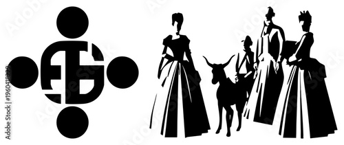 Vintage fashion figures in long gowns, historical silhouette art, elegant women, companion, black vector graphic, flat design, historical costume illustration.
