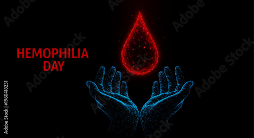 Digital Hands Holding Glowing Blood Drop Representing Hemophilia Awareness and Technology Healthcare Concept for World Hemophilia Day
