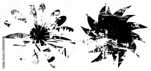 Distressed black shapes with fragmented petals, vector halftone texture, graphic design elements, isolated art motifs, stylized botanical forms.