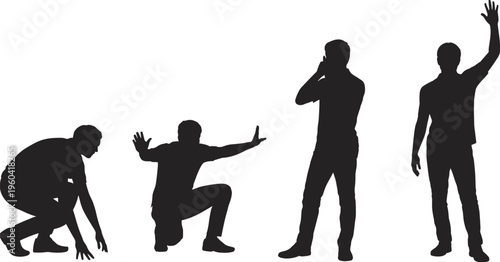 Vector silhouettes of human figures in squatting, crouching, standing, and gesturing poses showing posture, movement, communication, fitness, design, and illustration reference.
