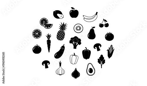 Minimal fruit and vegetable silhouette icons in circular layout with organic food symbols vector design