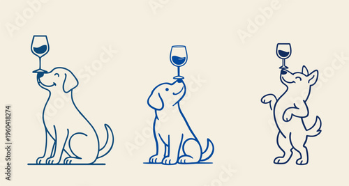 Line art illustration of cute dogs balancing wine glasses on their noses