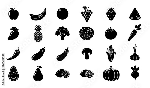 Vegetable and fruit silhouette icon set with fresh healthy food symbols in clean grid vector collection