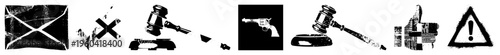 Distressed black and white symbols including mail, mark, judge’s gavel, revolver, like gesture, caution triangle. Vector glyphs with gritty texture, isolated foreground elements.