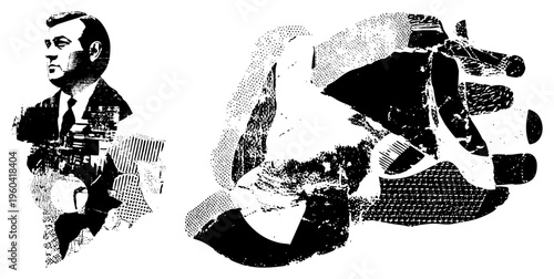 Black and white halftone vector art of a man in suit holding a gun, paired with a hand gesture. Graphic style uses dot and for shading, classic comic or propaganda poster aesthetic.