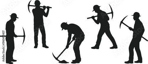 Vector silhouettes of industrial workers holding pickaxes in mining and excavation poses, wearing hard hats, representing construction labor illustration design