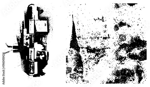 Vectorized mechanical gears rendered in halftone dot, isolated mechanical components, industrial design elements, stylized gear mechanism, technical illustration.