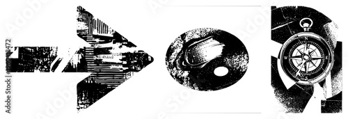 Grunge style vector directional compass, yin yang symbol, abstract arrow., textured, graphic design elements. Ideal for navigation, balance, and direction themes.