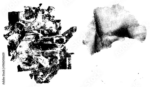 Stylized fragmented forms using halftone texture, graphic design elements, vector art, digital illustration, composition.