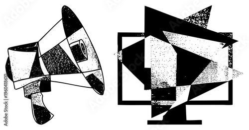 Stylized megaphone and monitor rendered in bold geometric shapes with halftone texture, vector art, black and white, graphic design elements, modern minimalism.
