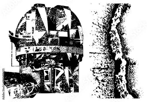 Fragmented mechanical gear structure with halftone texture, industrial vector art, mechanical components, stylized machinery, design, technical illustration, mechanical assembly.