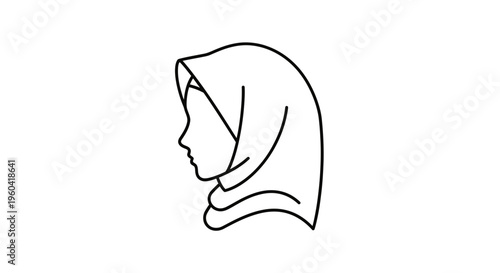Muslim Woman Profile Silhouette Wearing Hijab Headscarf, Simple Line Art Icon