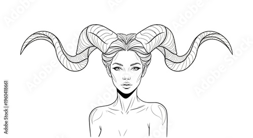 Mysterious Woman with Ram Horns, Zodiac Sign Aries, Fantasy Art, Black and White Line Drawing