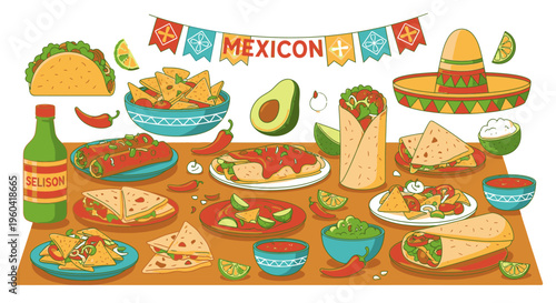 A vibrant Mexican food spread with tacos, sombrero, and festive decorations on a table.