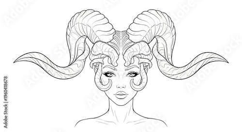 Mystical Woman with Ram Horns and Elaborate Hair, Zodiac Aries Symbol, Fantasy Portrait